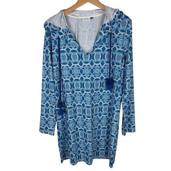 Cabana Life Blue Geometric Tile Hooded Swim Cover Up Dress Womens L Tassel - Picture 3 of 11